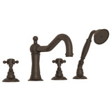 DISCONTINUED-Acqui 4-Hole Deck Mount Column Spout Tub Filler with Handshower - Tuscan Brass with Crystal Cross Handle | Model Number: A1404XCTCB - Product Knockout