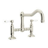 DISCONTINUED-Acqui Deck Mount Column Spout Bridge Kitchen Faucet - Polished Nickel with White Porcelain Lever Handle | Model Number: A1459LPPN-2 - Product Knockout