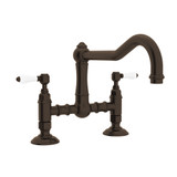 DISCONTINUED-Acqui Deck Mount Column Spout Bridge Kitchen Faucet - Tuscan Brass with White Porcelain Lever Handle | Model Number: A1459LPTCB-2 - Product Knockout