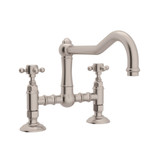 DISCONTINUED-Acqui Deck Mount Column Spout Bridge Kitchen Faucet - Satin Nickel with Cross Handle | Model Number: A1459XMSTN-2 - Product Knockout