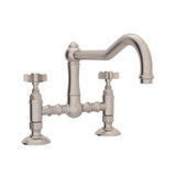 DISCONTINUED-Acqui Deck Mount Column Spout Bridge Kitchen Faucet - Satin Nickel with Five Spoke Cross Handle | Model Number: A1459XSTN-2 - Product Knockout