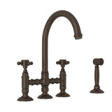 San Julio Deck Mount C-Spout 3 Leg Bridge Kitchen Faucet with Sidespray - Tuscan Brass with Cross Handle | Model Number: A1461XMWSTCB-2 - Product Knockout