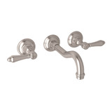 DISCONTINUED-Acqui Wall Mount Widespread Bathroom Faucet - Satin Nickel with Metal Lever Handle | Model Number: A1477LMSTNTO-2 - Product Knockout