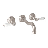 DISCONTINUED-Acqui Wall Mount Widespread Bathroom Faucet - Satin Nickel with White Porcelain Lever Handle | Model Number: A1477LPSTNTO-2 - Product Knockout