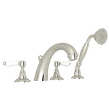 DISCONTINUED-San Julio 4-Hole Deck Mount C-Spout Tub Filler with Handshower - Polished Nickel with White Porcelain Lever Handle | Model Number: A2104LPPN - Product Knockout