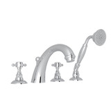 DISCONTINUED-San Julio 4-Hole Deck Mount C-Spout Tub Filler with Handshower - Polished Chrome with Cross Handle | Model Number: A2104XMAPC - Product Knockout