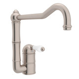 DISCONTINUED-Acqui Single Hole Column Spout Kitchen Faucet with Extended Spout - Satin Nickel with White Porcelain Lever Handle | Model Number: A3608/11LPSTN-2 - Product Knockout