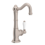 DISCONTINUED-Cinquanta Single Hole Column Spout Kitchen Faucet - Satin Nickel with White Porcelain Lever Handle | Model Number: A3650LPSTN-2 - Product Knockout