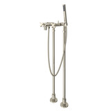 Lombardia Exposed Floor Mount Tub Filler with Handshower and Floor Pillar Legs or Supply Unions - Polished Nickel with Cross Handle | Model Number: AKIT2202NXMPN - Product Knockout