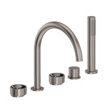 Eclissi 5-Hole Deck Mount Tub Filler - C-Spout - Satin Nickel with Polished Chrome Accent with Circular Handle | Model Number: EC06D5IWSNC - Product Knockout