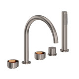 Eclissi 5-Hole Deck Mount Tub Filler - C-Spout - Satin Nickel with Satin Gold Accent with Circular Handle | Model Number: EC06D5IWSNG - Product Knockout