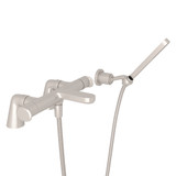 DISCONTINUED-Meda Deck Mount Exposed Thermostatic Tub Filler with Wall Mount Handshower - Satin Nickel with Metal Lever Handle | Model Number: LVKIT2112L-STN - Product Knockout