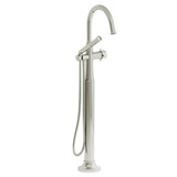 Momenti 2-Way Type T (Thermostatic) Coaxial Floor-Mount Tub Filler With Hand Shower - Polished Nickel with Cross Handles | Model Number: MMRD39+PN-SPEX - Product Knockout