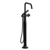 Momenti 2-Way Type T (Thermostatic) Coaxial Floor-Mount Tub Filler With Hand Shower - Black with Cross Handles | Model Number: MMSQ39+BK-EX - Product Knockout