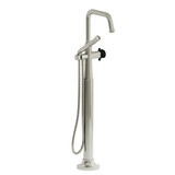 Momenti 2-Way Type T (Thermostatic) Coaxial Floor-Mount Tub Filler With Hand Shower - Polished Nickel and Black with Cross Handles | Model Number: MMSQ39+PNBK-SPEX - Product Knockout