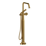 Momenti 2-Way Type T (Thermostatic) Coaxial Floor-Mount Tub Filler With Hand Shower - Brushed Gold with X-Shaped Handles | Model Number: MMSQ39XBG - Product Knockout