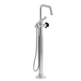 Momenti 2-Way Type T (Thermostatic) Coaxial Floor-Mount Tub Filler With Hand Shower - Chrome and Black with X-Shaped Handles | Model Number: MMSQ39XCBK-SPEX - Product Knockout