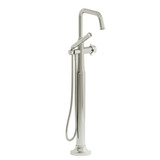 Momenti 2-Way Type T (Thermostatic) Coaxial Floor-Mount Tub Filler With Hand Shower - Polished Nickel with X-Shaped Handles | Model Number: MMSQ39XPN-SPEX - Product Knockout