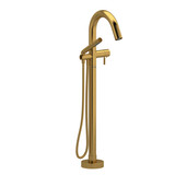 Riu 2-Way Type T (Thermostatic) Coaxial Floor-Mount Tub Filler With Hand Shower - Brushed Gold with Knurled Lever Handles | Model Number: RU39KNBG - Product Knockout