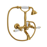 Exposed Wall Mount Tub Filler with Handshower - Unlacquered Brass with White Porcelain Lever Handle | Model Number: A1401LPULB - Product Knockout