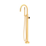 Eclissi Single Hole Floor Mount Tub Filler Trim With C-Spout - Satin Gold and Matte Black | Model Number: TEC06HF1IWSGB - Product Knockout