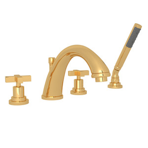 Lombardia 4-Hole Deck Mount C-Spout Tub Filler with Handshower - Italian Brass with Cross Handle | Model Number: A1264XMIB - Product Knockout