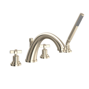 Lombardia 4-Hole Deck Mount C-Spout Tub Filler with Handshower - Satin Nickel with Cross Handle | Model Number: A1264XMSTN - Product Knockout