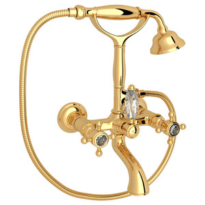 DISCONTINUED-Exposed Wall Mount Tub Filler with Handshower - Italian Brass with Crystal Cross Handle | Model Number: A1401XCIB - Product Knockout