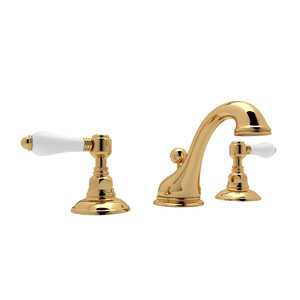 Viaggio C-Spout Widespread Bathroom Faucet - Italian Brass with White Porcelain Lever Handle | Model Number: A1408LPIB-2 - Product Knockout