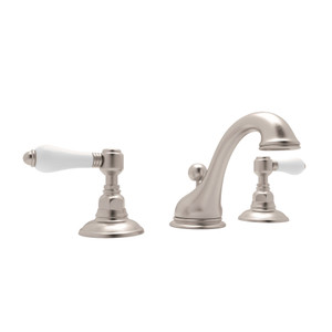 Viaggio C-Spout Widespread Bathroom Faucet - Satin Nickel with White Porcelain Lever Handle | Model Number: A1408LPSTN-2 - Product Knockout