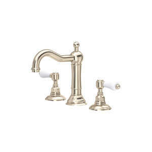 Acqui Column Spout Widespread Bathroom Faucet - Satin Nickel with White Porcelain Lever Handle | Model Number: A1409LPSTN-2 - Product Knockout