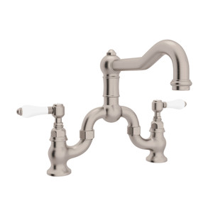 DISCONTINUED-Acqui Deck Mount Column Spout Bridge Kitchen Faucet - Satin Nickel with White Porcelain Lever Handle | Model Number: A1420LPSTN-2 - Product Knockout