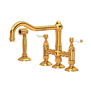 Acqui Deck Mount Column Spout 3 Leg Bridge Kitchen Faucet with Sidespray - Italian Brass with White Porcelain Lever Handle | Model Number: A1458LPWSIB-2 - Product Knockout