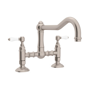 DISCONTINUED-Acqui Deck Mount Column Spout Bridge Kitchen Faucet - Satin Nickel with White Porcelain Lever Handle | Model Number: A1459LPSTN-2 - Product Knockout