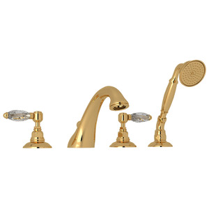 DISCONTINUED-Viaggio 4-Hole Deck Mount C-Spout Tub Filler with Handshower - Unlacquered Brass with Crystal Metal Lever Handle | Model Number: A1464LCULB - Product Knockout