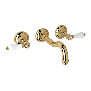 DISCONTINUED-Acqui Wall Mount Widespread Bathroom Faucet - Italian Brass with White Porcelain Lever Handle | Model Number: A1477LPIBTO-2 - Product Knockout