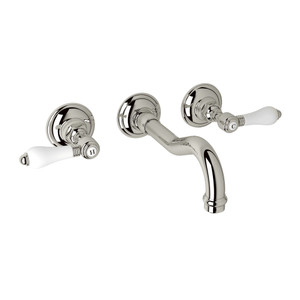 DISCONTINUED-Acqui Wall Mount Widespread Bathroom Faucet - Polished Nickel with White Porcelain Lever Handle | Model Number: A1477LPPNTO-2 - Product Knockout