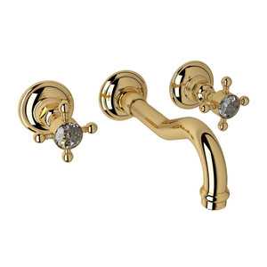 DISCONTINUED-Acqui Wall Mount Widespread Bathroom Faucet - Italian Brass with Crystal Cross Handle | Model Number: A1477XCIBTO-2 - Product Knockout