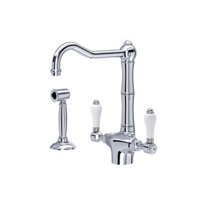 Acqui Single Hole Column Spout Kitchen Faucet with Sidespray - Polished Chrome with White Porcelain Lever Handle | Model Number: A1679LPWSAPC-2 - Product Knockout