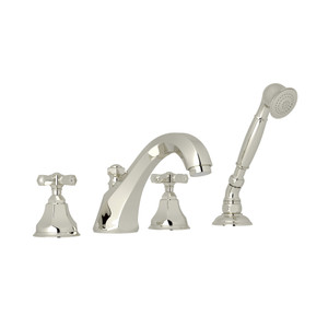 DISCONTINUED-Palladian 4-Hole Deck Mount Tub Filler with Handshower - Polished Nickel with Cross Handle | Model Number: A1904XMPN - Product Knockout