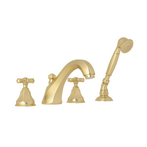DISCONTINUED-Palladian 4-Hole Deck Mount Tub Filler with Handshower - Satin Unlacquered Brass with Cross Handle | Model Number: A1904XMSUB - Product Knockout