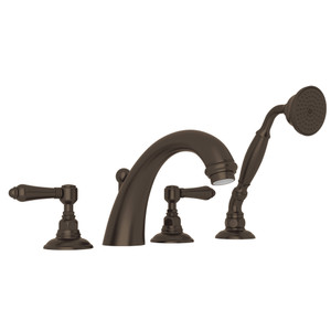 DISCONTINUÉ -Robinet de bain à 4 trous sur comptoir à bec en C avec douchette San Julio - Tuscan Brass - Laiton toscan avec poignée à levier en métal | Numéro de modèle: A2104LMTCB - Produit épuisé