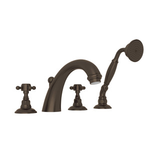 DISCONTINUÉ -Robinet de bain à 4 trous sur comptoir à bec en C avec douchette San Julio - Tuscan Brass - Laiton toscan avec poignée en croix | Numéro de modèle: A2104XMTCB - Produit épuisé