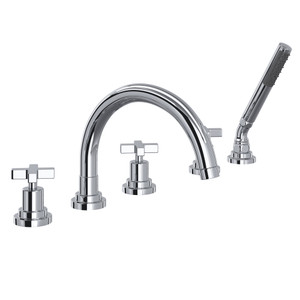 Lombardia 5-Hole Deck Mount Tub Filler with C-Spout - Polished Chrome with Cross Handle | Model Number: A2214XMAPC - Product Knockout