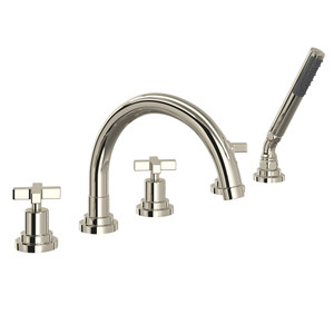 Lombardia 5-Hole Deck Mount Tub Filler with C-Spout - Polished Nickel with Cross Handle | Model Number: A2214XMPN - Product Knockout