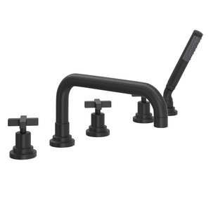 Lombardia 5-Hole Deck Mount Tub Filler with U-Spout - Matte Black with Cross Handle | Model Number: A2224XMMB - Product Knockout