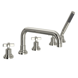 Lombardia 5-Hole Deck Mount Tub Filler with U-Spout - Polished Nickel with Cross Handle | Model Number: A2224XMPN - Product Knockout