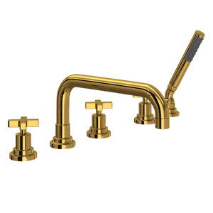 Lombardia 5-Hole Deck Mount Tub Filler with U-Spout - Unlacquered Brass with Cross Handle | Model Number: A2224XMULB - Product Knockout