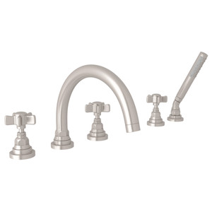 San Giovanni 5-Hole Deck Mount Tub Filler - Satin Nickel with Five Spoke Cross Handle | Model Number: A2314XSTN - Product Knockout