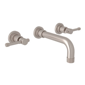 Campo Wall Mount Widespread Bathroom Faucet - Satin Nickel with Industrial Metal Lever Handle | Model Number: A3307ILSTNTO-2 - Product Knockout